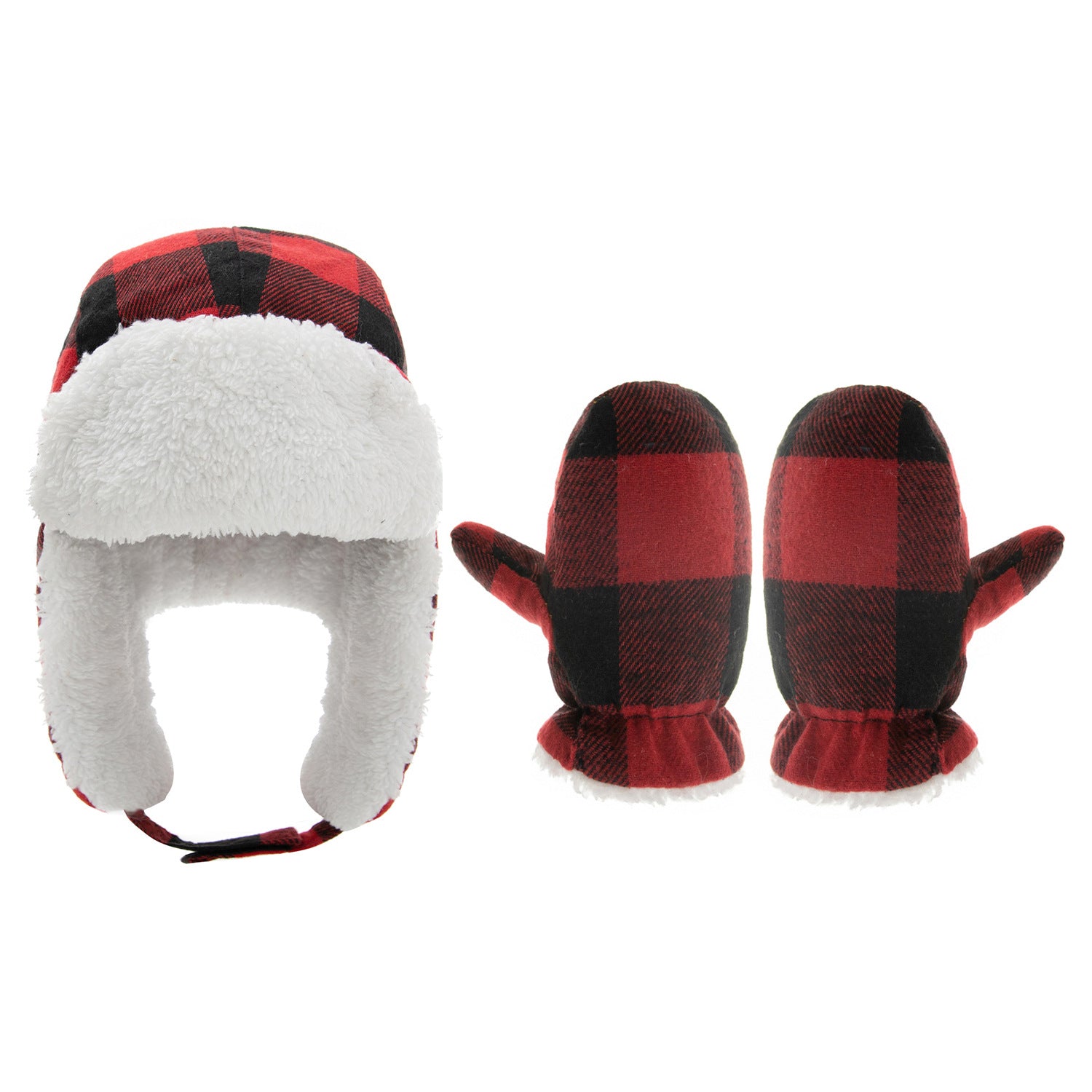 Children's plaid plus velvet warm gloves two-piece hat with velcro