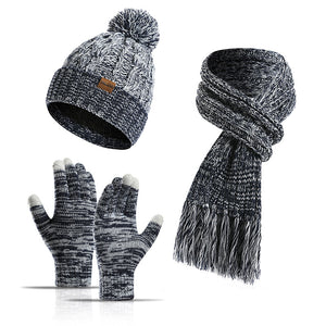 Three-piece set of color knitted woolen thick scarf and touch screen gloves