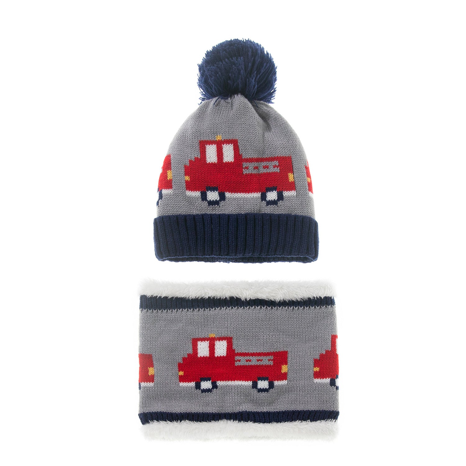 Two-piece children's plush jacquard red truck hat scarf