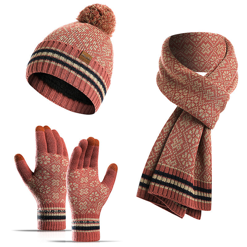 Three-piece knitted jacquard warm wool hat scarf gloves