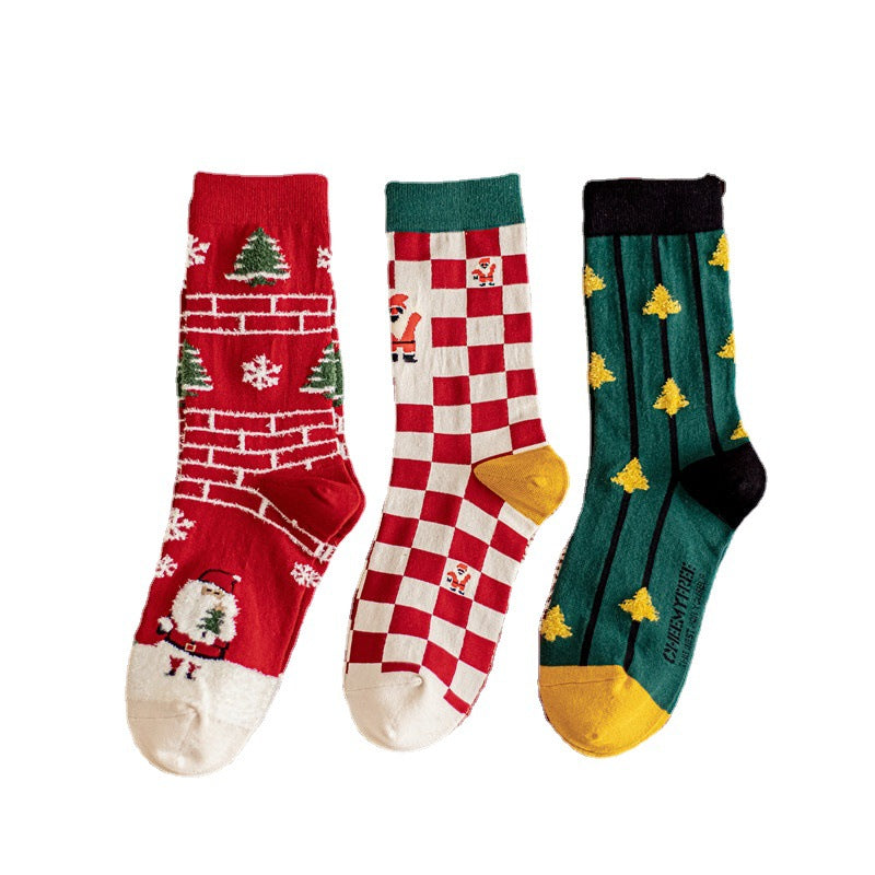 Cute illustration plaid thickened tube socks cotton Christmas socks