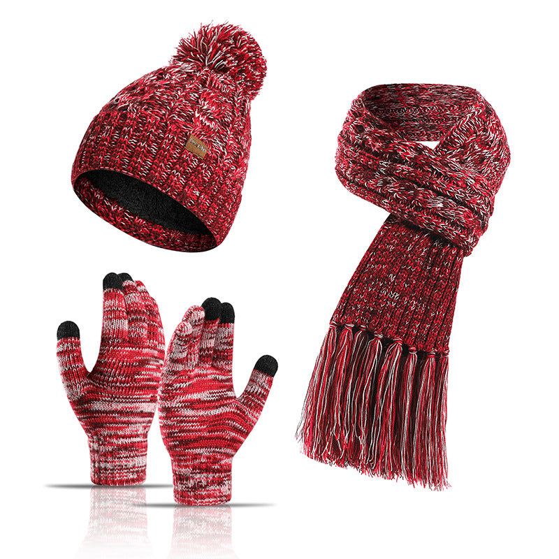 Three-piece set of color knitted woolen thick scarf and touch screen gloves