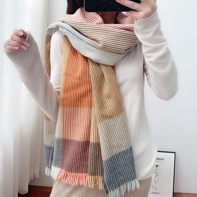 Cashmere color-blocking double-sided plain weave plaid scarf