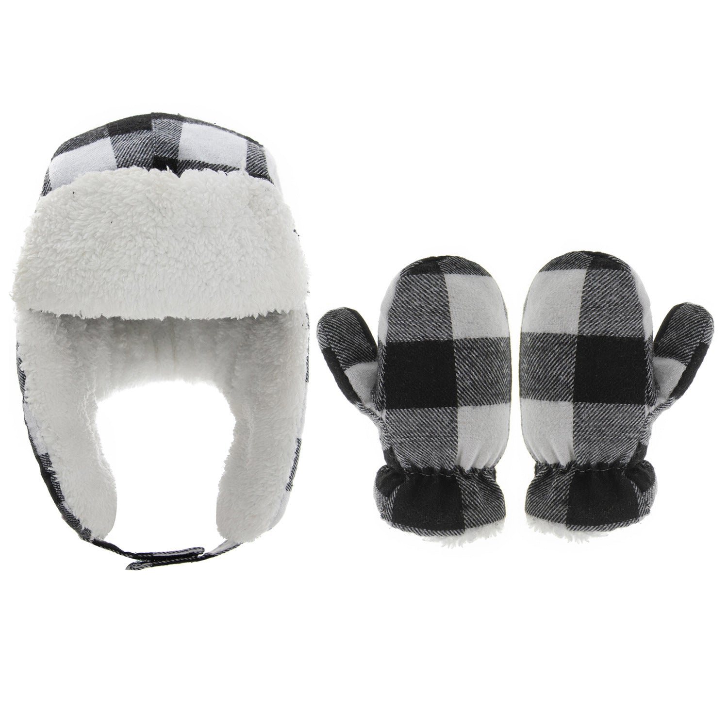 Children's plaid plus velvet warm gloves two-piece hat with velcro