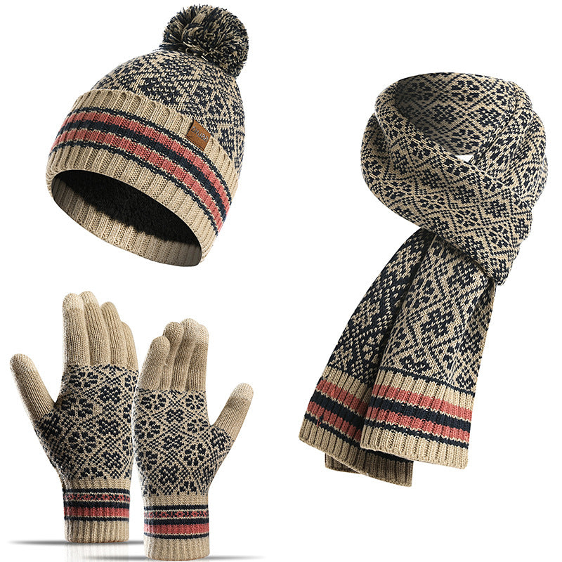 Three-piece knitted jacquard warm wool hat scarf gloves