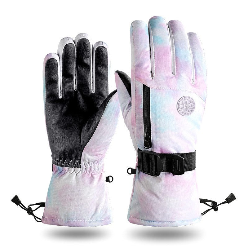 Outdoor printing plus velvet warm windproof non-slip zipper pocket sports gloves