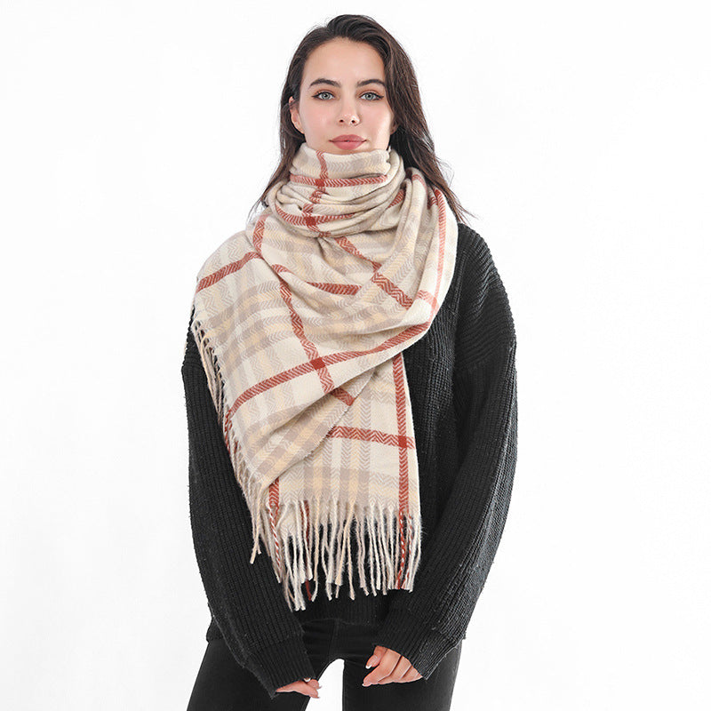 Faux cashmere fringed warm shawl mango plaid scarf