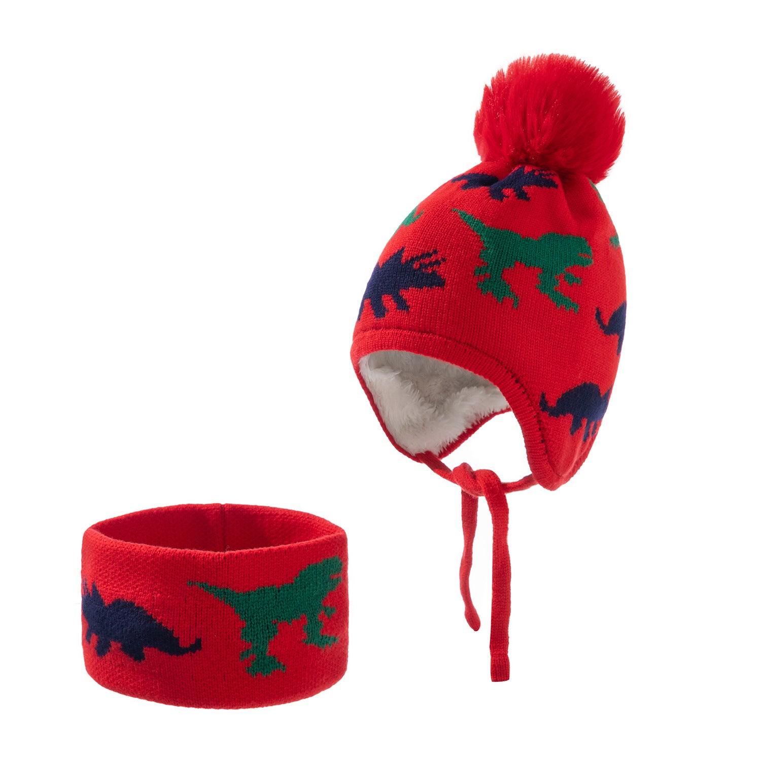 Children's dinosaur jacquard knitted hat and velvet scarf set