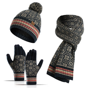 Three-piece knitted jacquard warm wool hat scarf gloves