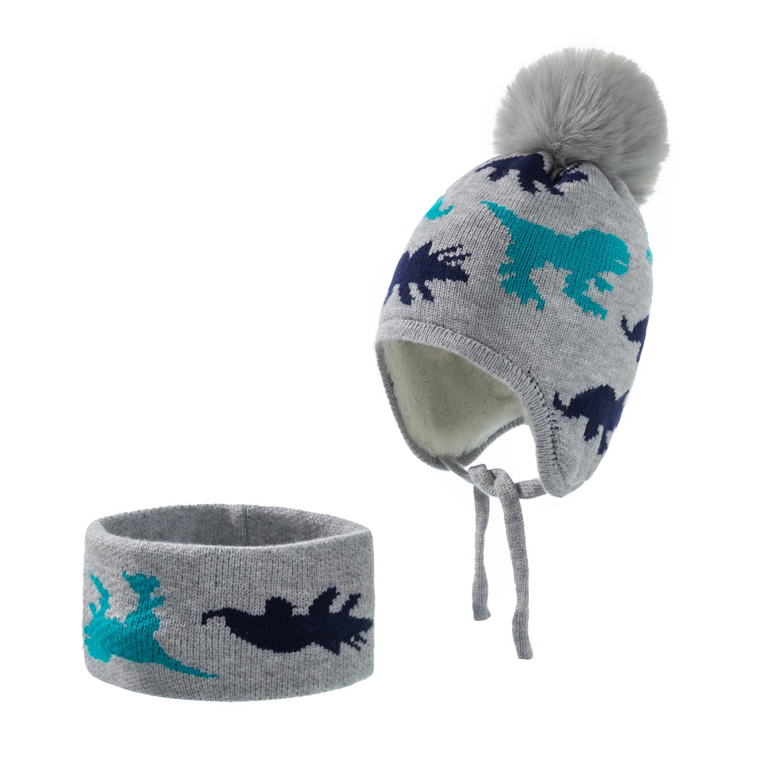 Children's dinosaur jacquard knitted hat and velvet scarf set