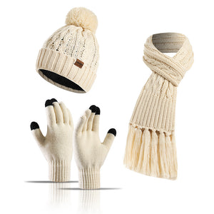 Three-piece set of color knitted woolen thick scarf and touch screen gloves