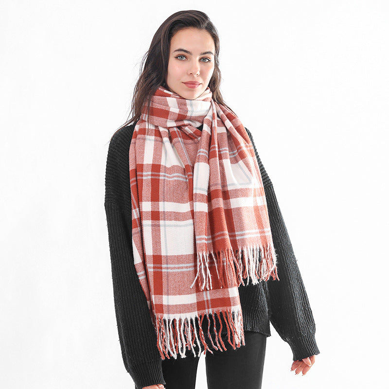 Faux cashmere fringed warm shawl mango plaid scarf