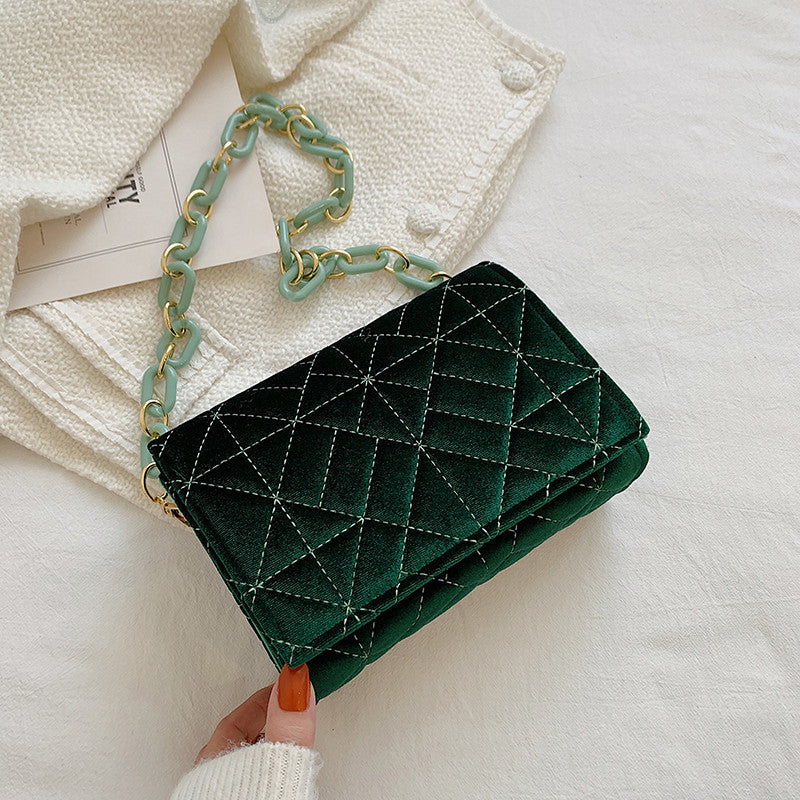 Velvet embroidery thread chain one-shoulder small square bag