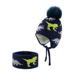 画像をギャラリービューアに読み込む, Children&#39;s dinosaur jacquard knitted hat and velvet scarf set
