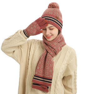 Three-piece knitted jacquard warm wool hat scarf gloves