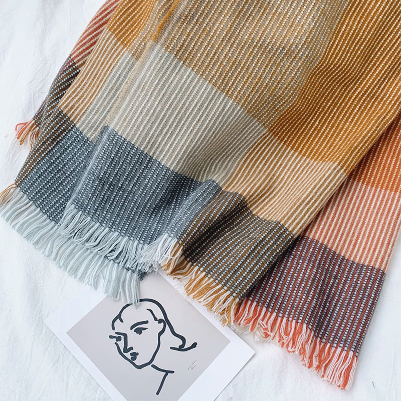 Cashmere color-blocking double-sided plain weave plaid scarf