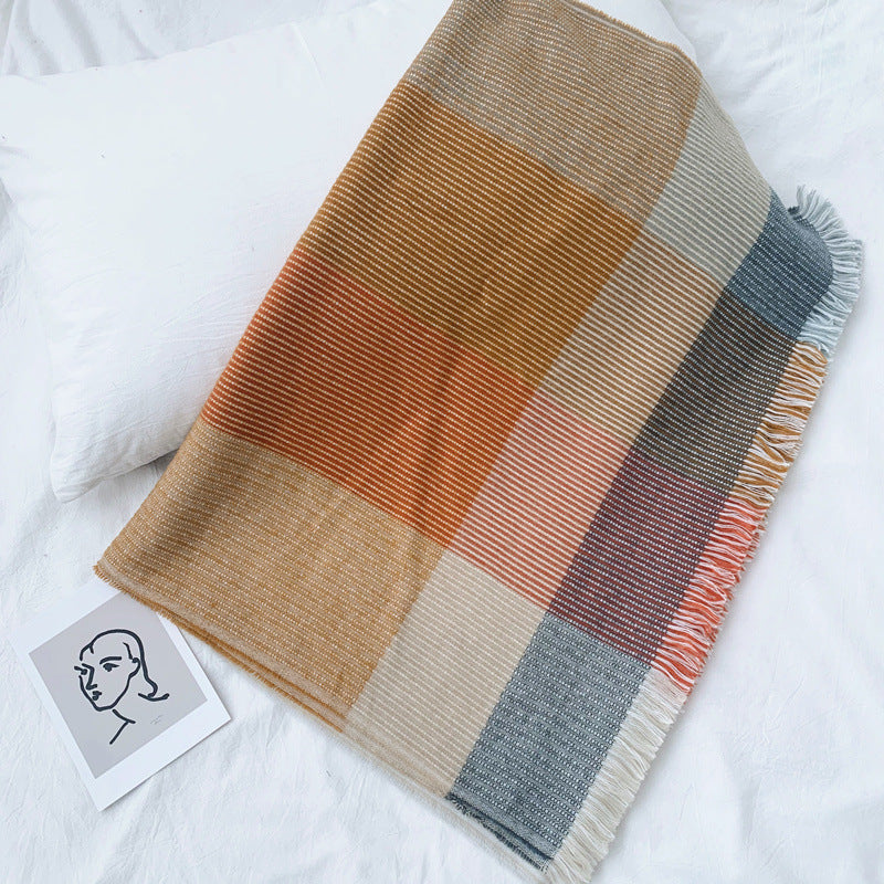 Cashmere color-blocking double-sided plain weave plaid scarf