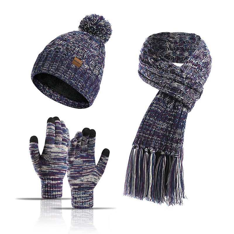 Three-piece set of color knitted woolen thick scarf and touch screen gloves