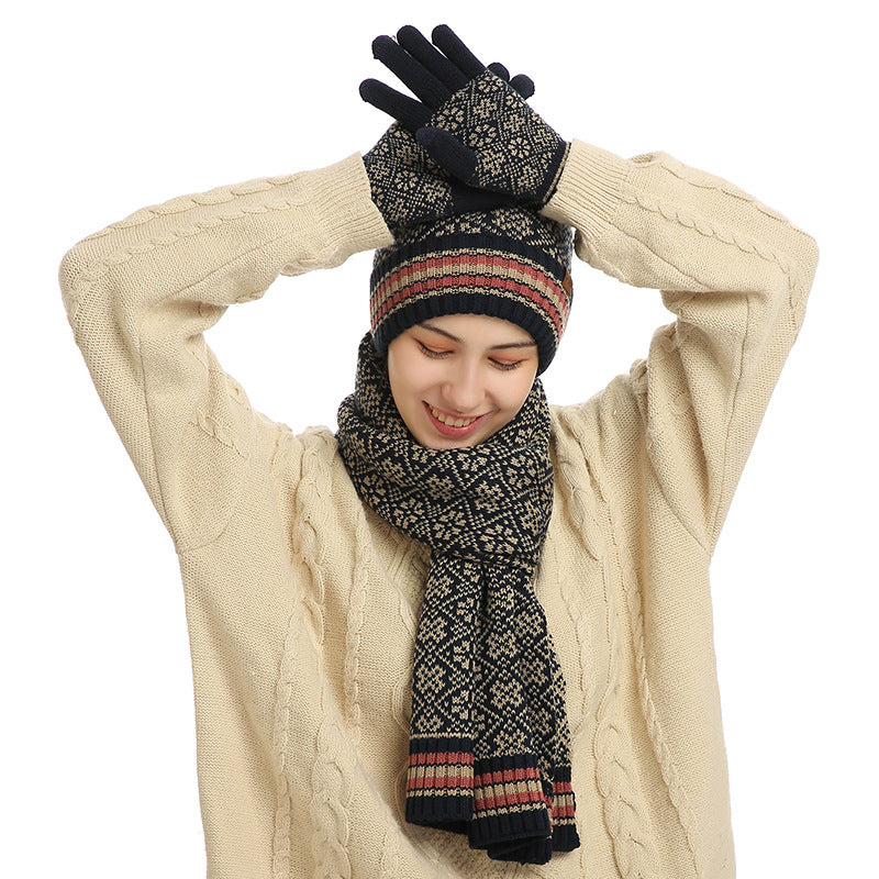 Three-piece knitted jacquard warm wool hat scarf gloves