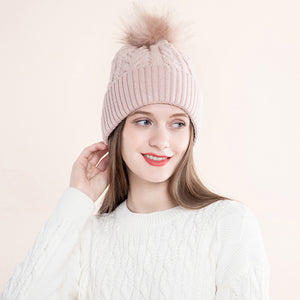 Knitted cable wool ball cap acrylic flanging warm woolen cap