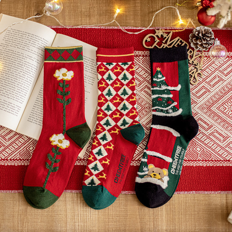 Cute illustration plaid thickened tube socks cotton Christmas socks