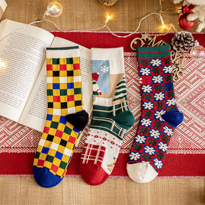 Cute illustration plaid thickened tube socks cotton Christmas socks